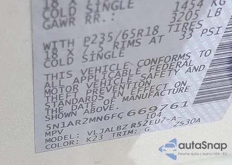 2015 Nissan Pathfinder S из США, поврежденный, VIN 5N1AR2MN6FC669761